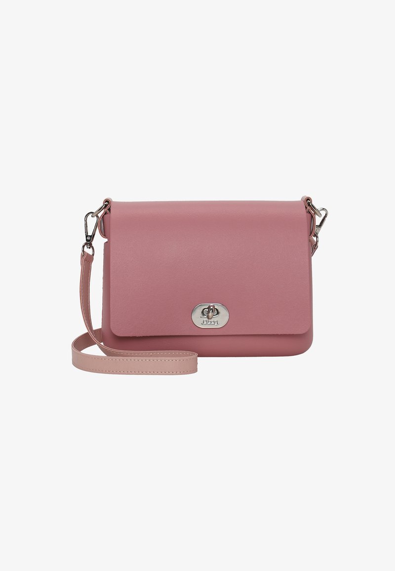 Borsa a tracolla in morbido materiale sintetico rosa pallido. Presenta una chiusura con patta magnetica, hardware in argento e una tracolla regolabile.