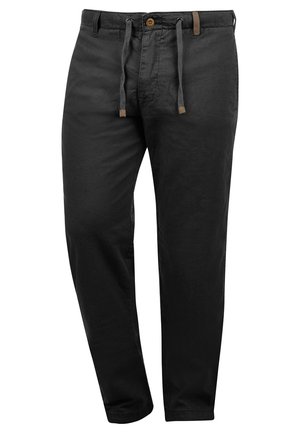 Pantalones negros de tejido suave, con un diseño de pierna recta, cintura elástica con cordones ajustables y cierre de botón.