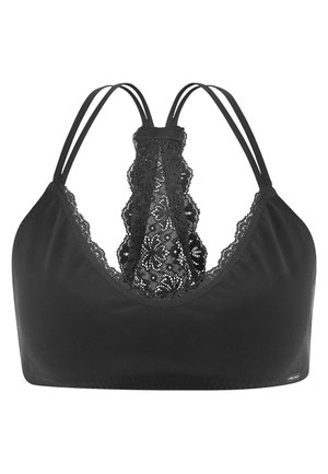 Black bralette with a lace panel at the center, featuring thin straps and a smooth fabric finish. Adjustable back closure detail.