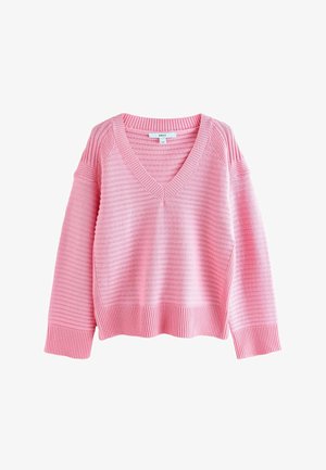 Rosa Strickpullover mit V-Ausschnitt, ausgestattet mit gestreifter Textur und geripptem Saum. Lockerer Schnitt mit langen Ärmeln und seitlichen Schlitzen für Bewegungsfreiheit.