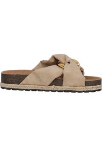 Béžové skluzné sandály s uzlovým textilním svrškem, pletenou jutovou mezipodešví a texturovanou gumovou podrážkou pro lepší přilnavost. Zlatavé kovové akcenty.