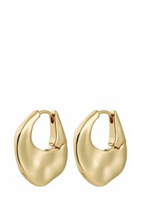 Orecchini a cerchio color oro con un design liscio e arrotondato e una leggera asimmetria, dotati di una chiusura a cerniera.