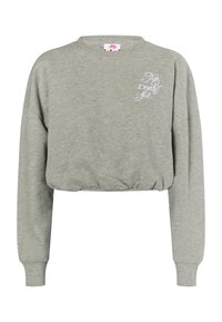 Lichtgrijze cropped sweatshirt met lange mouwen, geribde manchetten en elastische zoom. Voorzien van geborduurde tekst aan de voorkant in het wit.