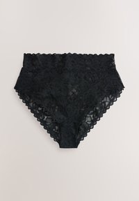 Sous-vêtements en dentelle noire taille haute avec motif floral et bords festonnés sur fond uni clair.