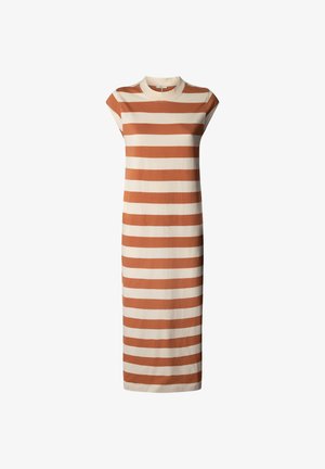 Haljina midi bez rukava s širokim vodoravnim prugama u boji hrđe i kreme, okruglim izrezom i ravnim krojem.