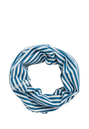 Blauer und weiß gestreifter Stoff-Nackenschlauch oder Schlauchschal, in kreisförmiger Form auf weißem Hintergrund angeordnet.