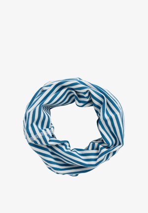 Blauer und weiß gestreifter Stoff-Nackenschlauch oder Schlauchschal, in kreisförmiger Form auf weißem Hintergrund angeordnet.