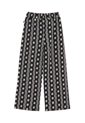 Schwarze weit geschnittene Hose mit einem weißen Sonnen- und Wellenmuster, ausgestattet mit einem elastischen Bund für einen bequemen Sitz.