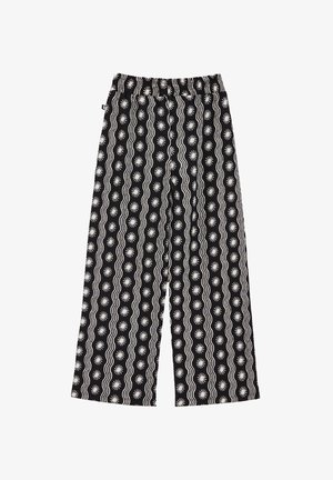 Pantaloni negri cu croi larg, prezentând un model de soare și valuri albe pe întreaga suprafață, cu o talie elastică pentru un fit confortabil.