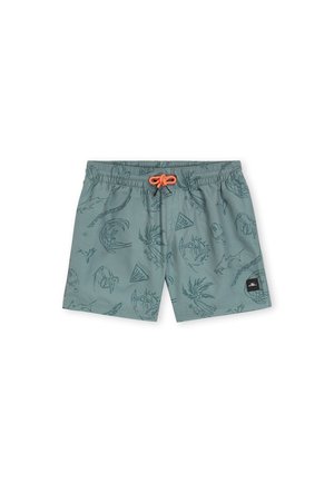 Svetlozelené plavky s elastickým pásom, oranžovým šnurovaním a jemnými vzorovanými motívmi. Čierna nášivka s logom značky na leme.