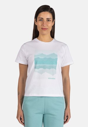 White cotton T-shirt featuring a soft, turquoise mountain graphic and "ROSSIGNOL" text on the lower right. Short sleeves, relaxed fit.