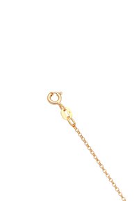 Guldtonet metal kæde med en rund klips. Har forlængede led og et ovalt mærke, der afspejler en poleret finish.