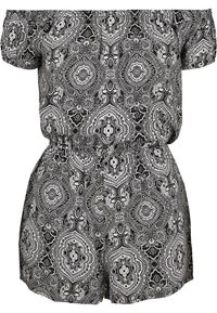 Tutina con motivo paisley in bianco e nero, design con spalle scoperte, vita elasticizzata e maniche corte. Realizzata con tessuto leggero.