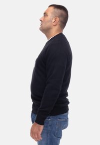 Maglione nero con scollatura rotonda, realizzato in materiale morbido. Indossato da una persona di profilo; abbinato a jeans blu.