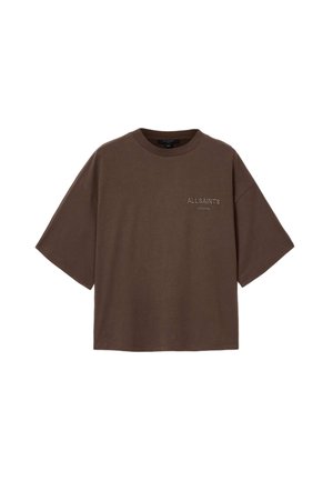 Bruin katoenen T-shirt met een relaxte pasvorm, korte mouwen en een ronde hals. Voorzien van het "ALLSAINTS LONDON"-logo, geborduurd in het wit.