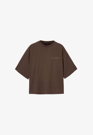 T-shirt di cotone marrone con vestibilità rilassata, maniche corte e scollo rotondo. Presenta il logo "ALLSAINTS LONDON" ricamato in bianco.