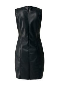 Czarna bezrękawnikowa sukienka dopasowana wykonana z gładkiej skóry, z tylnym zamkiem błyskawicznym i przeszyciami, które nadają jej zarysowaną sylwetkę.