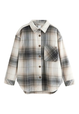 Koszula z długim rękawem na guziki, w szaros-beżowo-biały wzór w kratę, z ostrym kołnierzem i jedną kieszenią na piersi na białym tle.