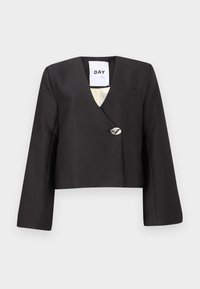 Μαύρο κοντ ό σακάκι με σχεδιασμό τύπου wrap, μακριά μανίκια, βαθύ V λαιμόκοψη και ένα ασημένιο κουμπί. Περιλαμβάνει τσέπη στο στήθος.