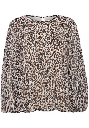 Leopárdmintás blúz könnyű anyagból, kerek nyakkivágással, redőzött dizájnnal és rugalmas mandzsettákkal, lazán illeszkedő kivitelben.