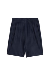 Mørkeblå plisserede shorts med elastisk talje, lavet af letvægtsstof. Har et lille logo nederst til højre.