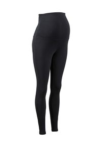 Leggings de maternité noirs avec une taille haute, fabriqués à partir d'un tissu extensible. Texture lisse et silhouette ajustée adaptée au confort.