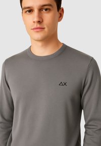 Maglietta grigia a maniche lunghe con collo rotondo e un piccolo logo nero sul lato sinistro del petto. Tessuto liscio e design aderente.