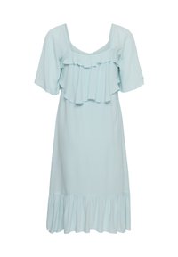 Robe bleu clair longueur genou avec manches courtes bouffantes, encolure et ourlet volantés, et coupe ample et fluide.