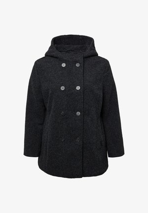 Manteau en laine gris foncé avec un design à double boutonnage, de grands boutons et une capuche. Tissus texturé avec une coupe ample et des poches latérales.
