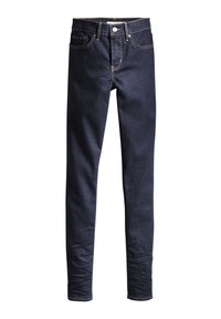 Vaqueros de mezclilla azul oscuro con un corte slim, que cuentan con un estilo de cinco bolsillos, costuras de contraste y un cierre de botón metálico en la cintura.