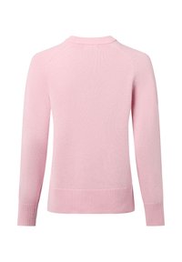 Helles rosa gestricktes Sweatshirt mit Rundhalsausschnitt, langen Raglanärmeln und gerippten Bündchen und Saum. Glatte Textur ohne Muster oder zusätzliche Akzente.