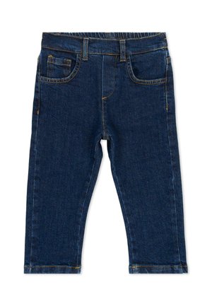 Vaqueros de mezclilla azul oscuro para niños pequeños con cintura elástica, dos bolsillos delanteros y costuras en contraste.