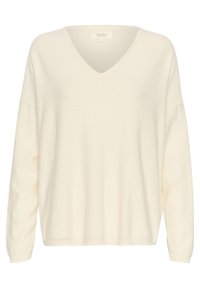 V-Ausschnitt Pullover aus weichem, cremefarbenem Material. Mit langen Ärmeln, lockerer Passform sowie gerippten Bündchen und Saum. Schlichte, glatte Textur.