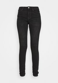 Jeans negros ajustados de mezclilla, con cintura alta, cinco bolsillos y cierre de botón metálico. Textura suave con un ligero brillo.