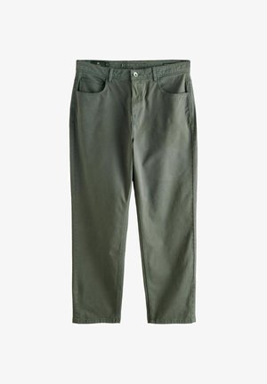 Maslinasto zelene hlače ravnog kroja s prednjim džepovima i petljama za pojas, sa zatvaranjem na gumb i patentni zatvarač.