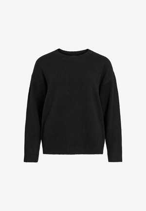 Black crewneck knit sweater with long sleeves and ribbed cuffs and hem, displayed on a white background.