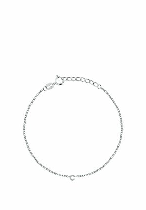 Zarter silberner Kettenarmband mit kleinem, rundem Anhänger, verziert mit winzigen Kristallen, und einem Federringverschluss mit verstellbaren Gliedern.
