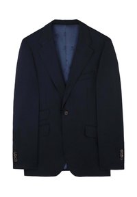 Blazer azul marino con solapa muesca, cierre de un solo botón, dos bolsillos frontales y tres botones decorativos en las mangas, forrado en azul claro interiormente.