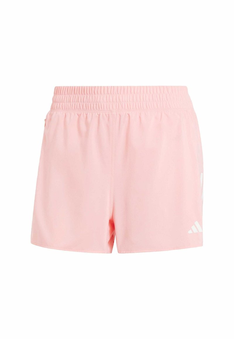Rosa Sportshorts aus leichtem Material, ausgestattet mit einem elastischen Bund und weißen Logo-Akzenten an den Seiten.