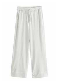 Pantalons de détente larges gris clair avec taille élastique et cordon de serrage, présentant des poches latérales et des ourlets à revers.