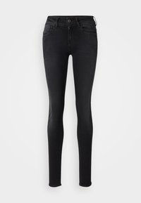 Black slim-fit jeans with a smooth texture, five-pocket design, front button closure, and a high waist. No visible patterns or embellishments.