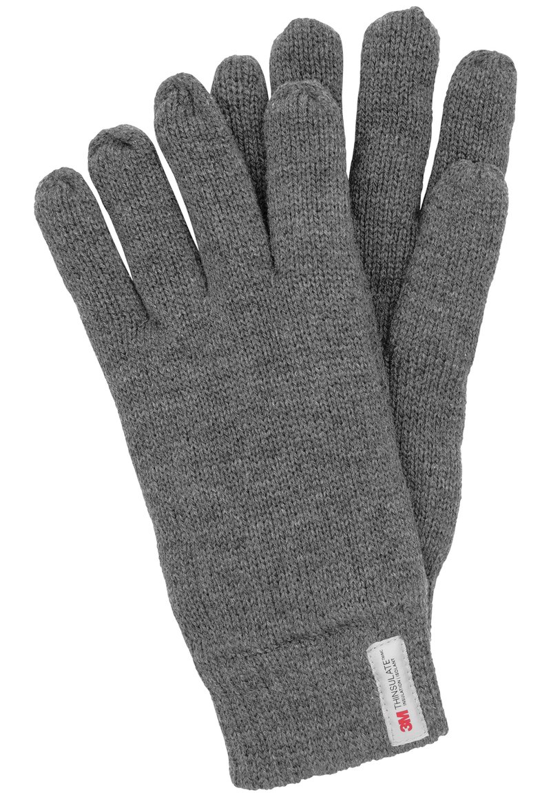 Guanti in maglia grigia con una finitura testurizzata, dotati di un'etichetta che recita "3M THINSULATE", progettati per calore e comfort.