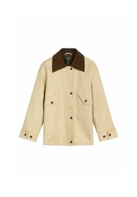 Beżowa kurtka zapinana na guziki z szerokim ciemno-brązowym kołnierzem, dwoma przednimi kieszeniami z klapami oraz mankietami z guzikami na długich rękawach.