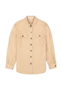 Beige Hemd mit langen Ärmeln, zwei Brusttaschen und runden Knöpfen. Weicher Stoff mit glatter Textur und klassischem Kragen.