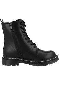 Bottines noires à lacets avec une finition lisse et mate, dotées d'une fermeture éclair sur le côté et de coutures blanches le long de la semelle. Semelle extérieure en caoutchouc robuste.