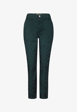Tmavě zelené, lehké bavlněné kalhoty s elastickým pasem, předními kapsami a detailem v švu. Rovný střih, uvolněný fit.