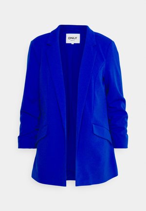 Blazer blu realizzato in tessuto liscio, con un design sagomato, rever a notched, tasche frontali e dettagli arricciati sulle maniche.