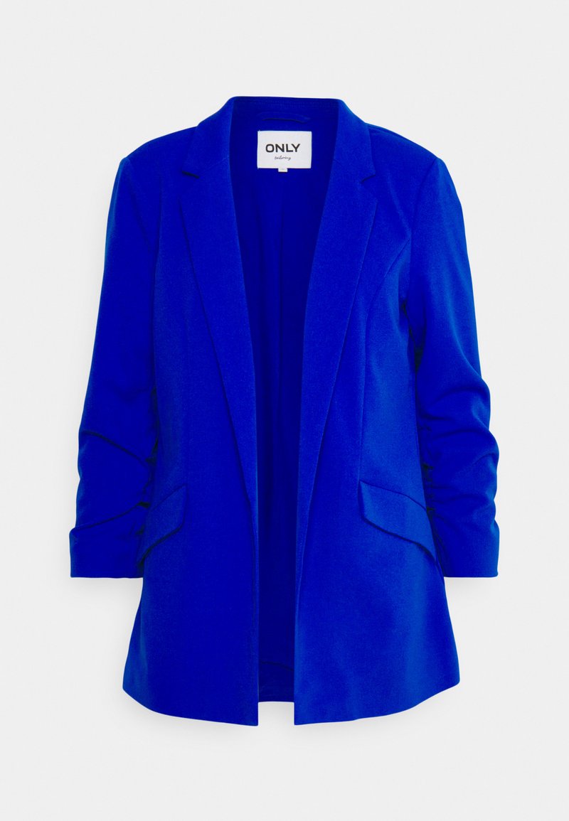 Blazer azul feito de tecido suave, com um design ajustado, lapelas destacadas, bolsos frontais e detalhes franzidos nas mangas.