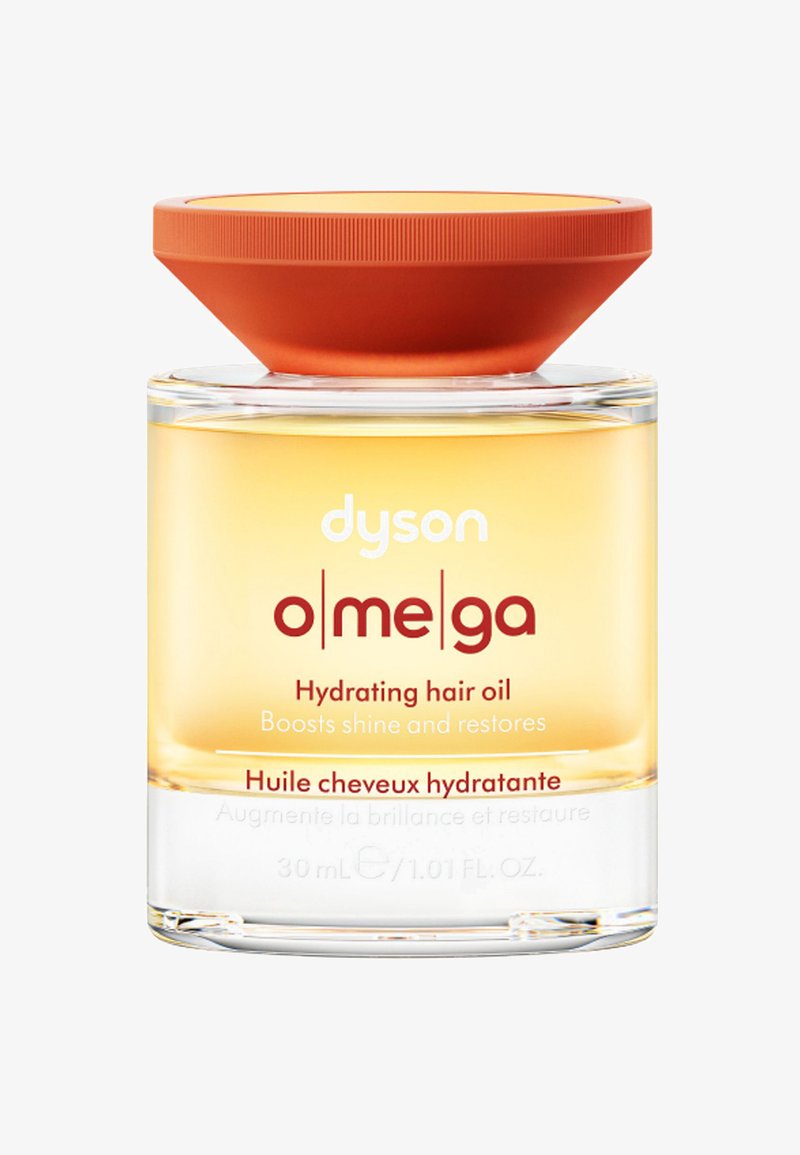 Klar glasflaske med orange låg, der indeholder Dyson Omega fugtgivende hårolie, som øger glansen og genopretter, 30 ml størrelse.
