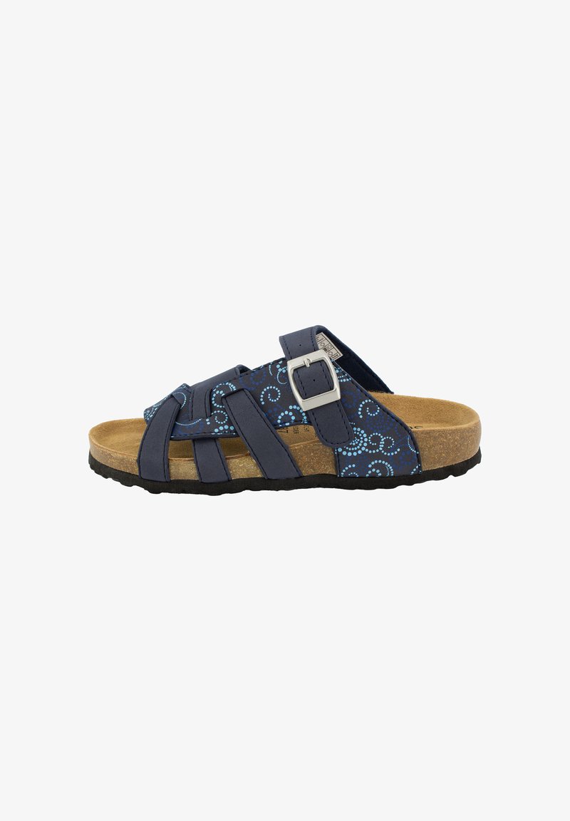 Sandale bleu marine avec plusieurs brides, motif en bleu clair, boucle réglable et semelle en liège avec semelle en caoutchouc noir.